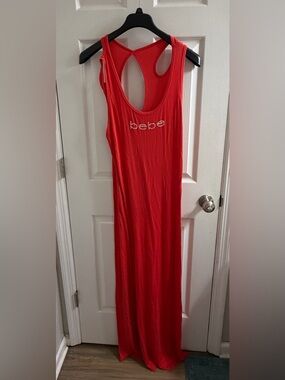 bebe Red Rhinestone Logo Tank Maxi Dress Large L Y2K
